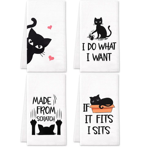 Vansolinne cute cats microfiber towels set of 4 with vibrant prints for kitchen use.