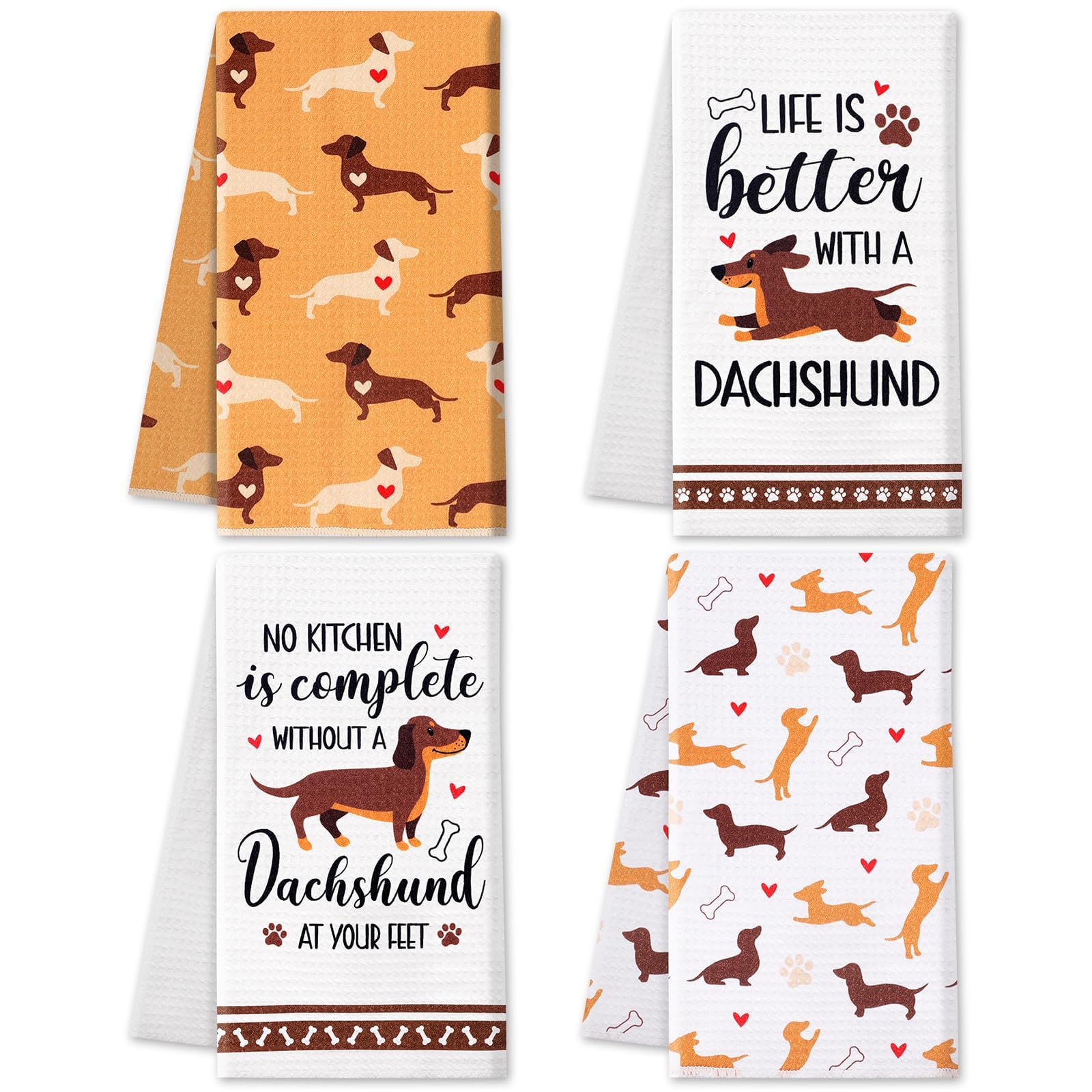 Vansolinne dachshund kitchen towels set with four designs for quick drying and cleanup.
