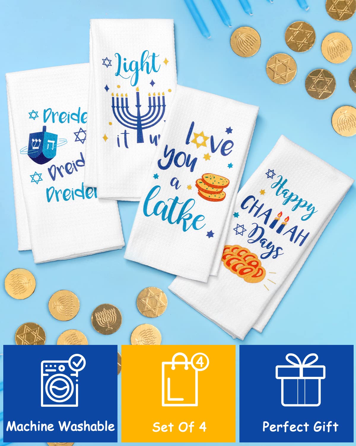 Vansolinne Hanukkah towels bright printed designs ideal for dish drying.