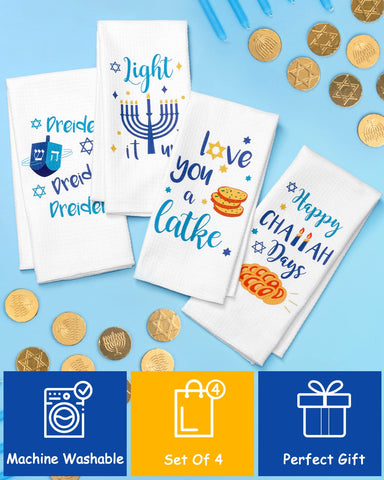 Vansolinne Hanukkah towels bright printed designs ideal for dish drying.