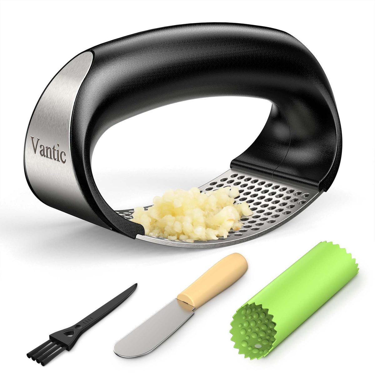 Vantic garlic press in rocker arc design for effortless crushing