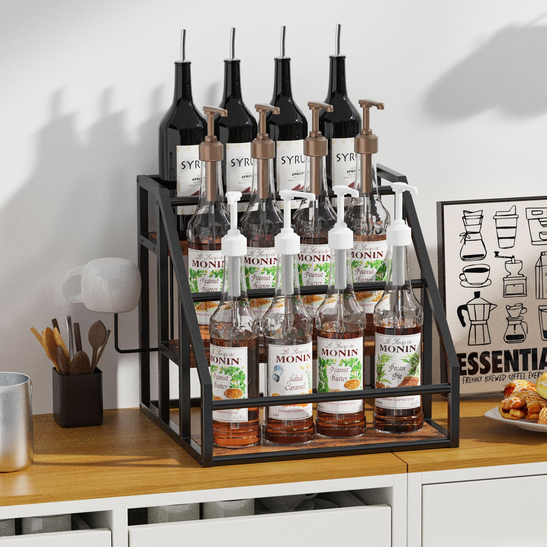 VANTIMO syrup rack 3-tier staircase design saves counter space.