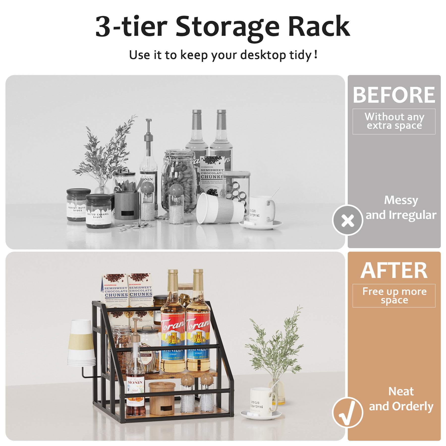 VANTIMO syrup rack brown wooden shelves add textured, vintage style.