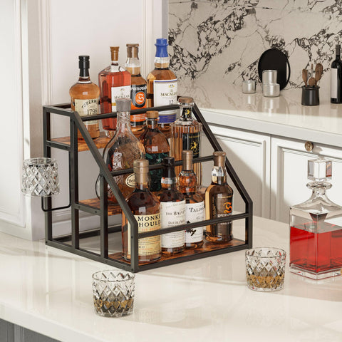 VANTIMO syrup rack matte iron frame with brown wooden boards for rustic charm.