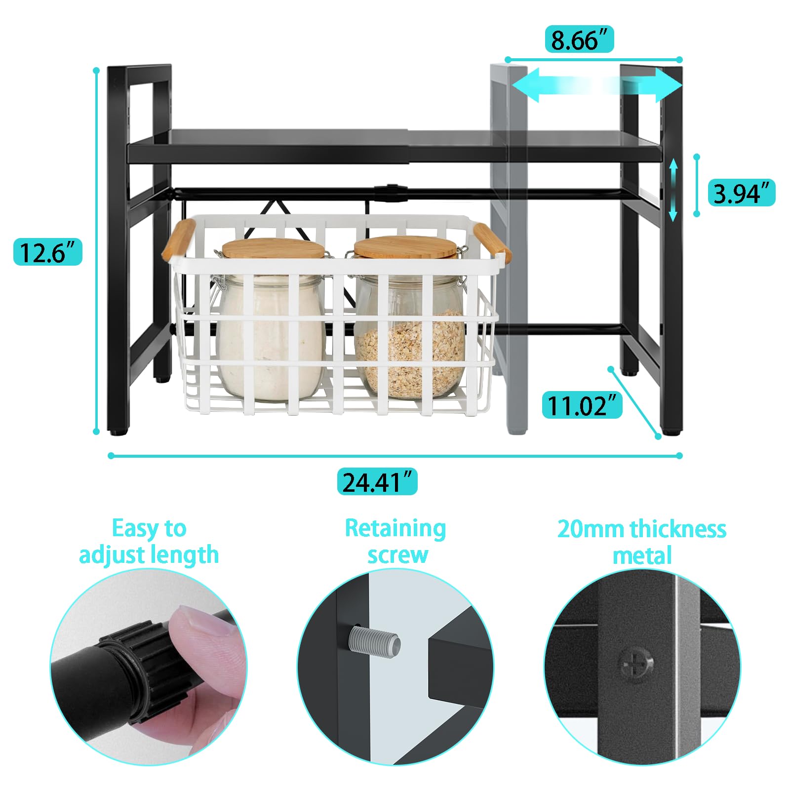 Vaphayva expandable microwave shelf demonstrates compact kitchen optimization.