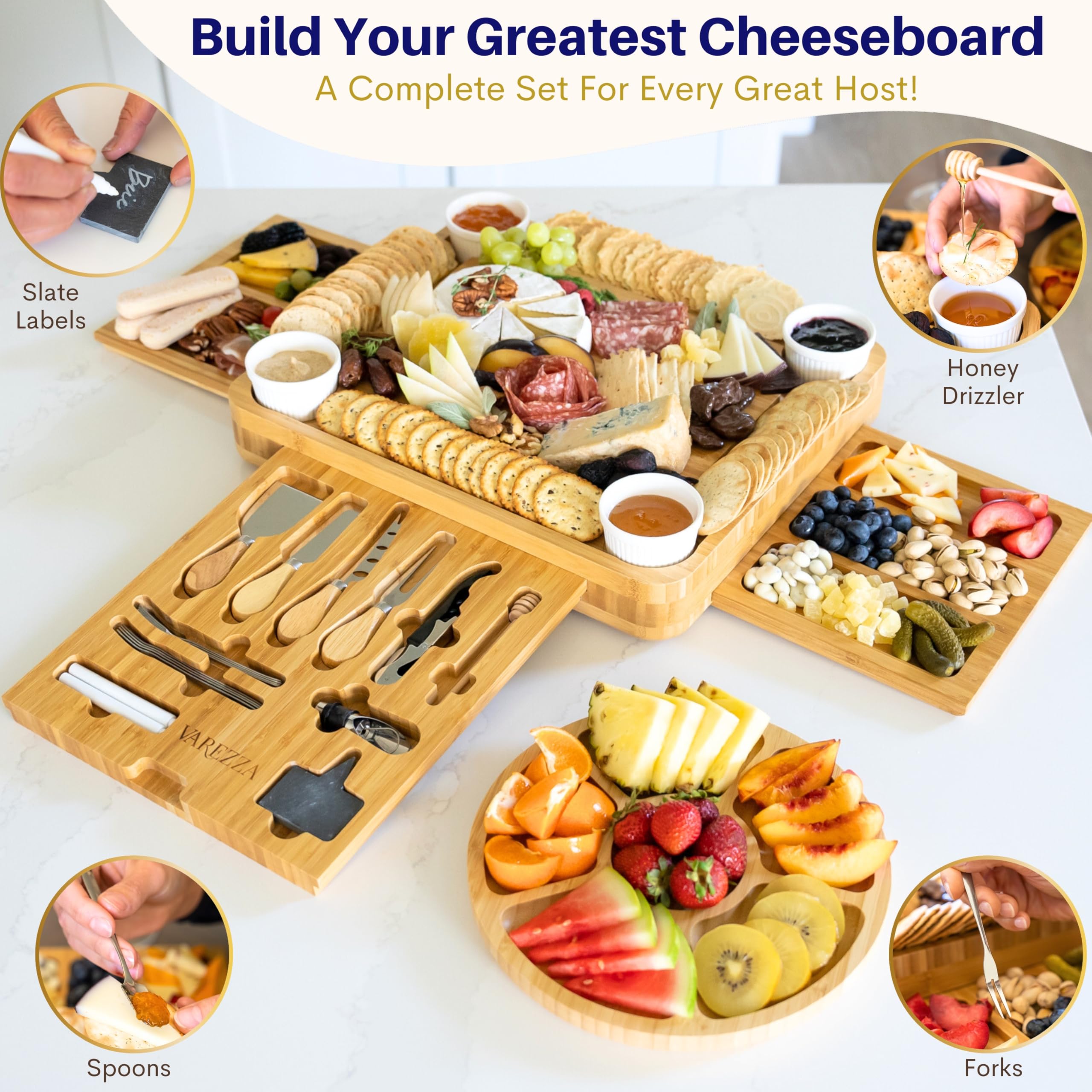 VAREZZA serving platter showcasing appetizers with organized layout.