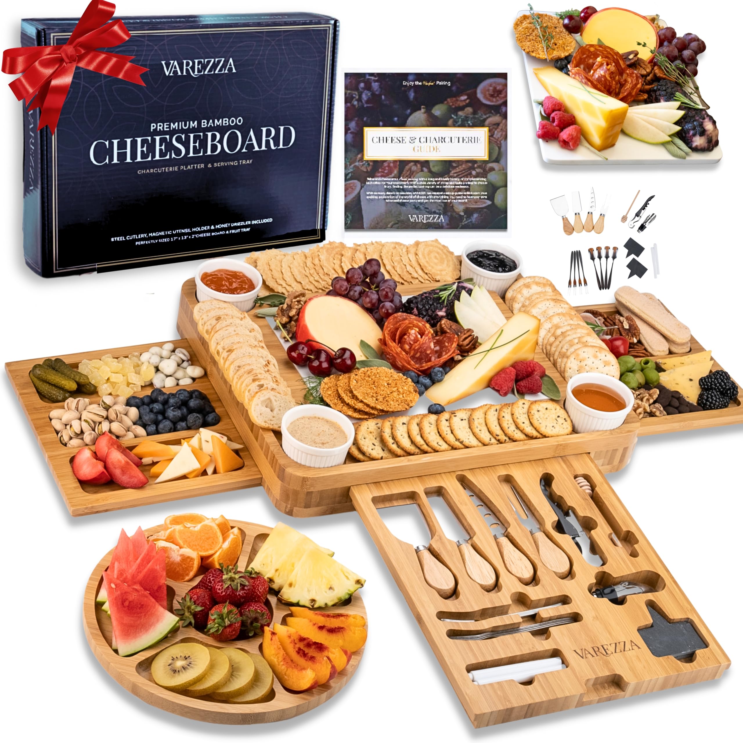 VAREZZA marble bamboo charcuterie board enhances table styling for gatherings.