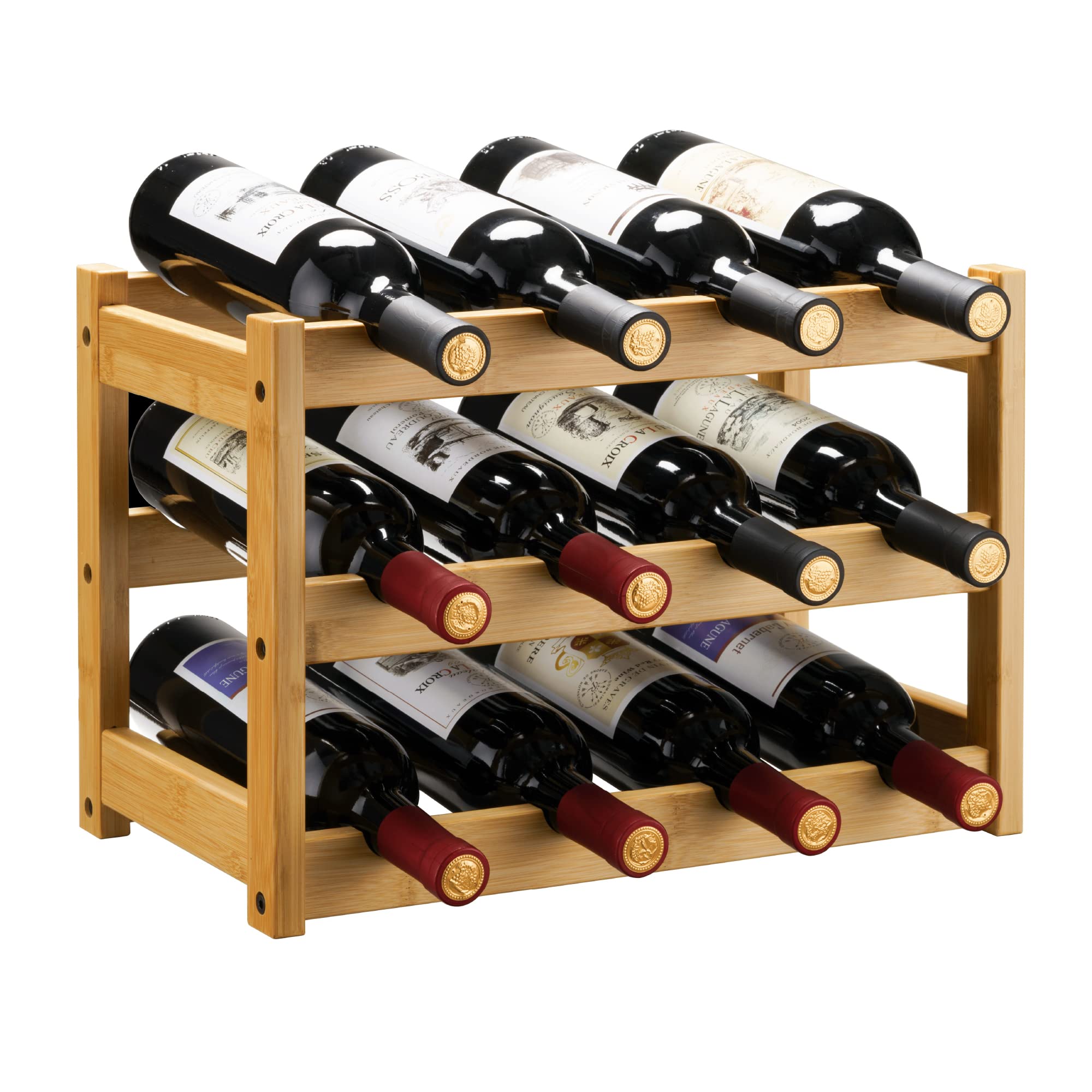 VASMIA bamboo wine rack 3-tier for organized wine storage and easy access.
