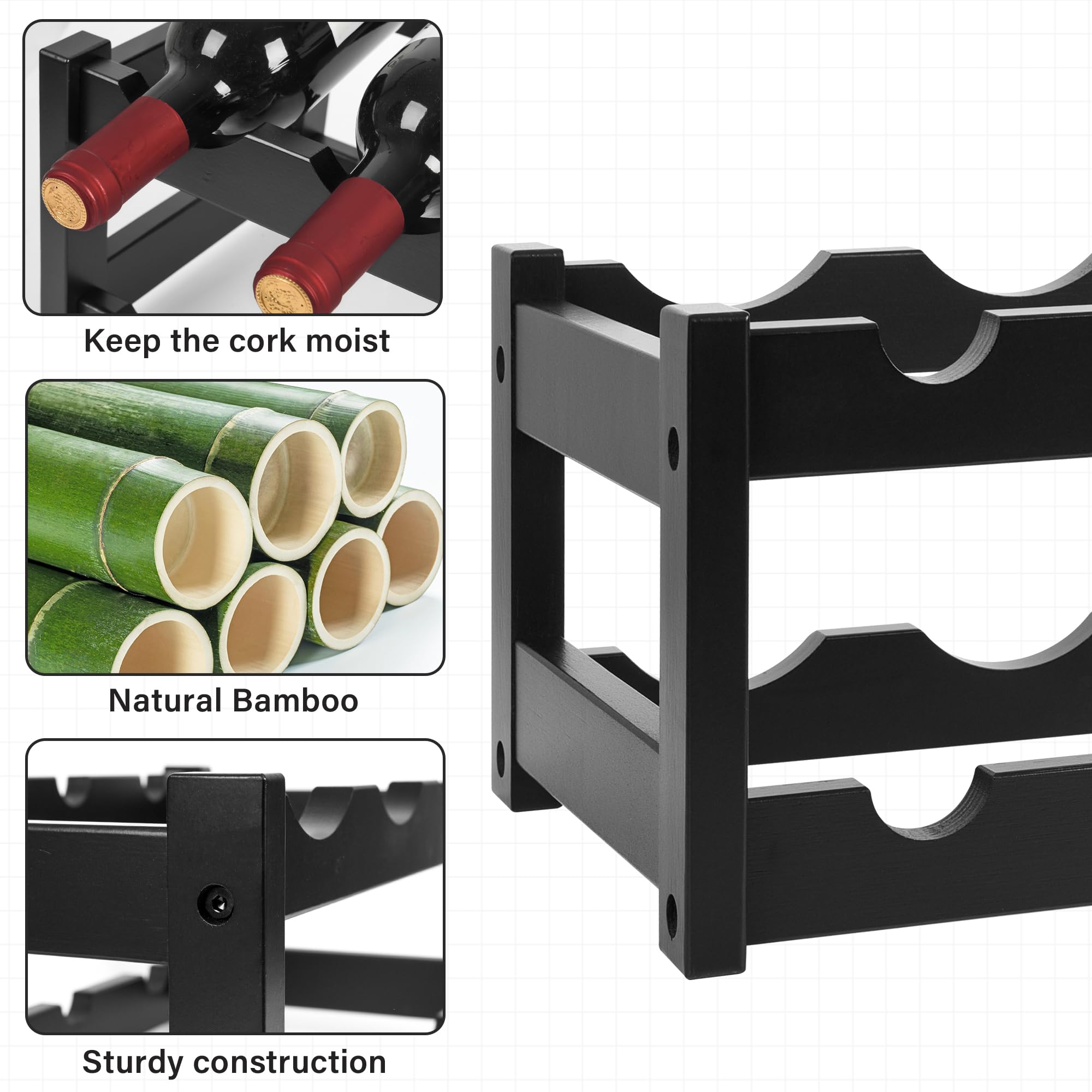 VASMIA Bamboo Wine Rack stores up to eight bottles with secure, accessible horizontal storage