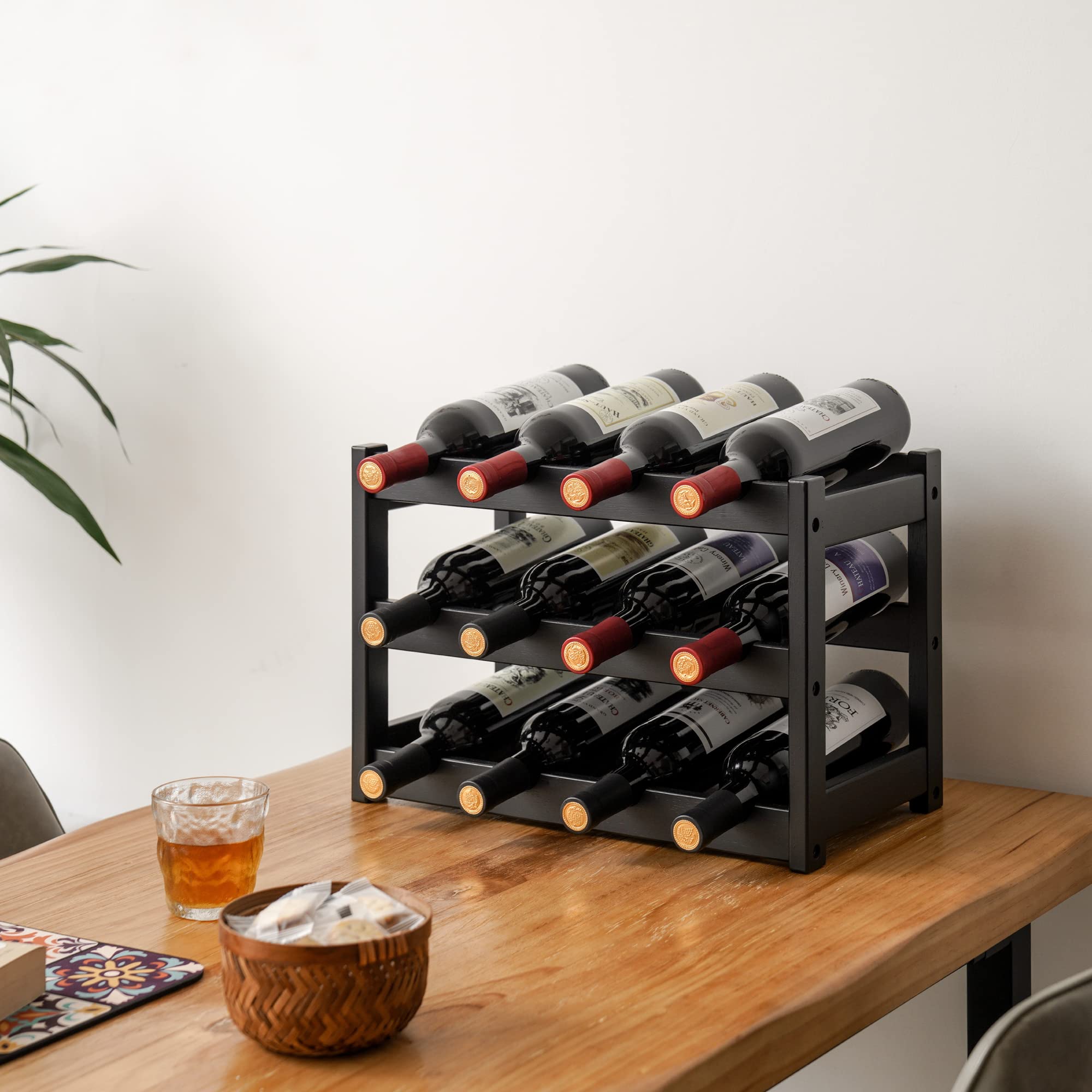 VASMIA bamboo wine rack front view in black for stylish countertop display.