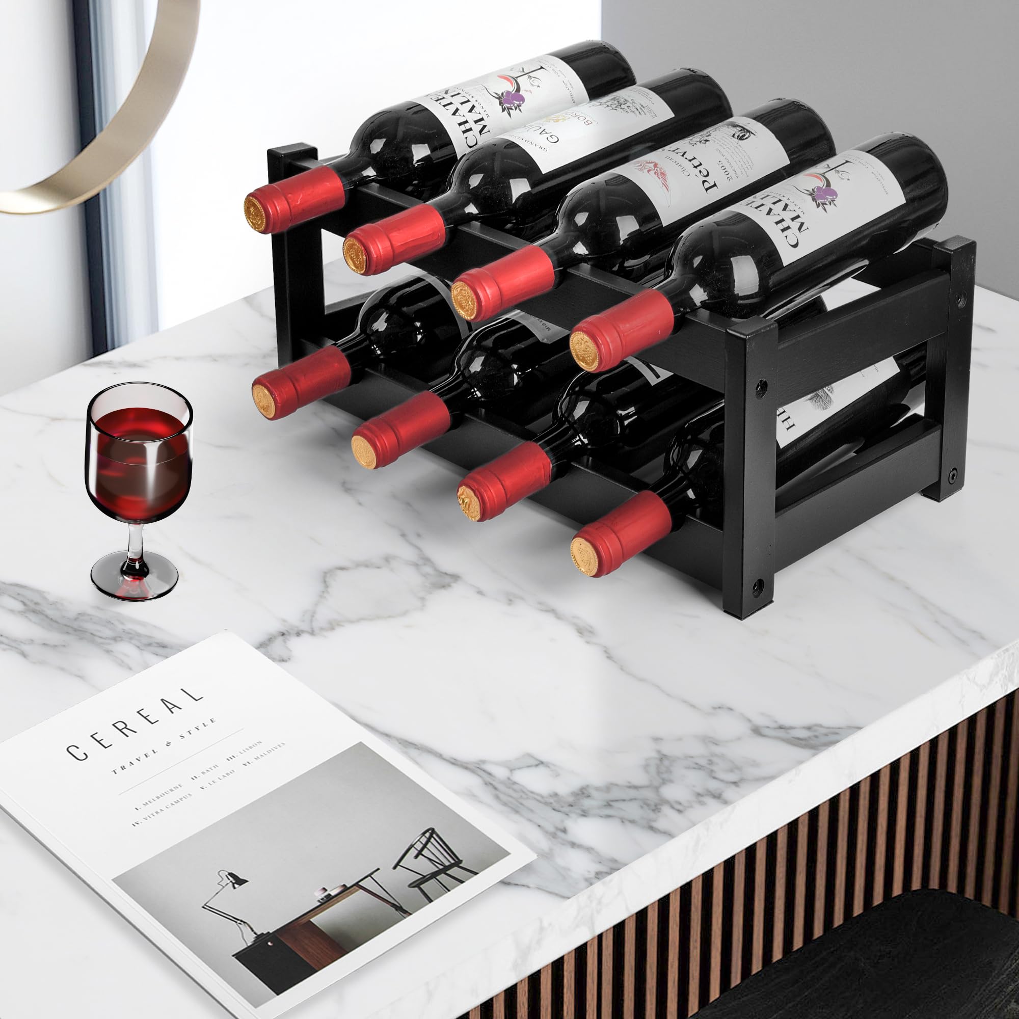 VASMIA Bamboo Wine Rack black finish adds a sleek touch to kitchen countertops
