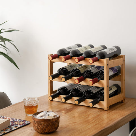 VASMIA bamboo wine rack with wave shelves keeps bottles horizontal and corks moist.