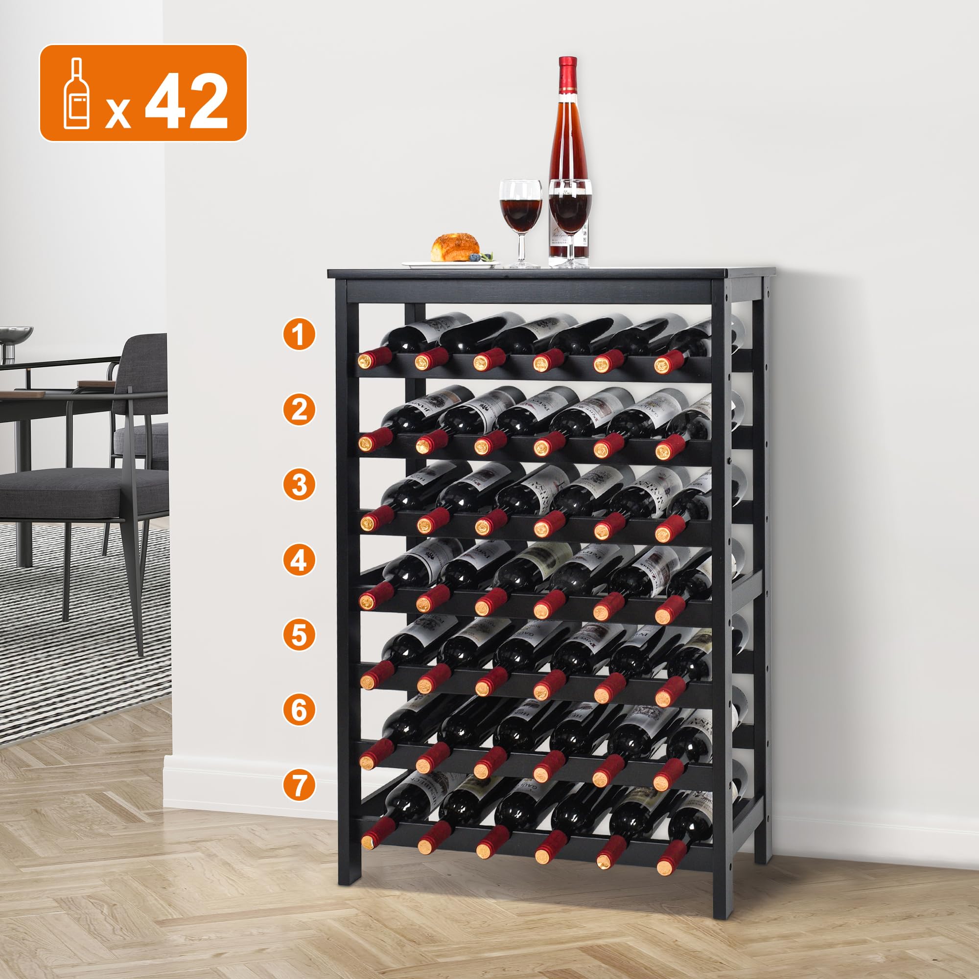VASMIA 42-bottle bamboo wine rack in-use view highlights accessible bottles and stable display