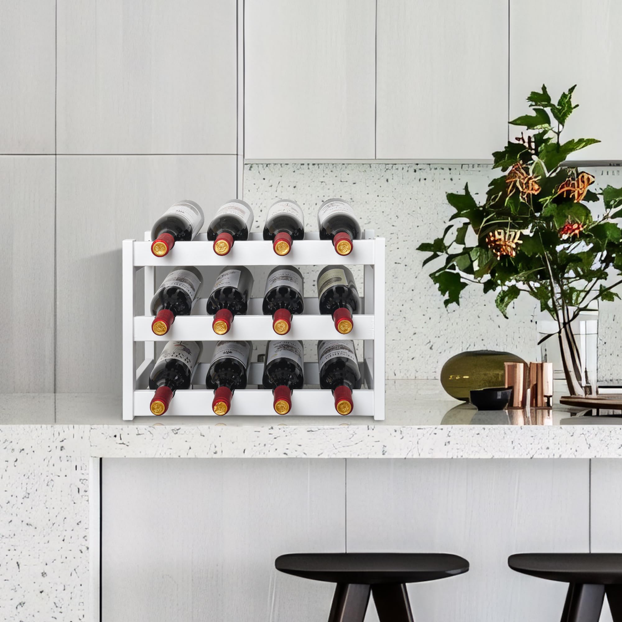 VASMIA 3-tier rack holds up to 12 bottles securely with wave shelves.