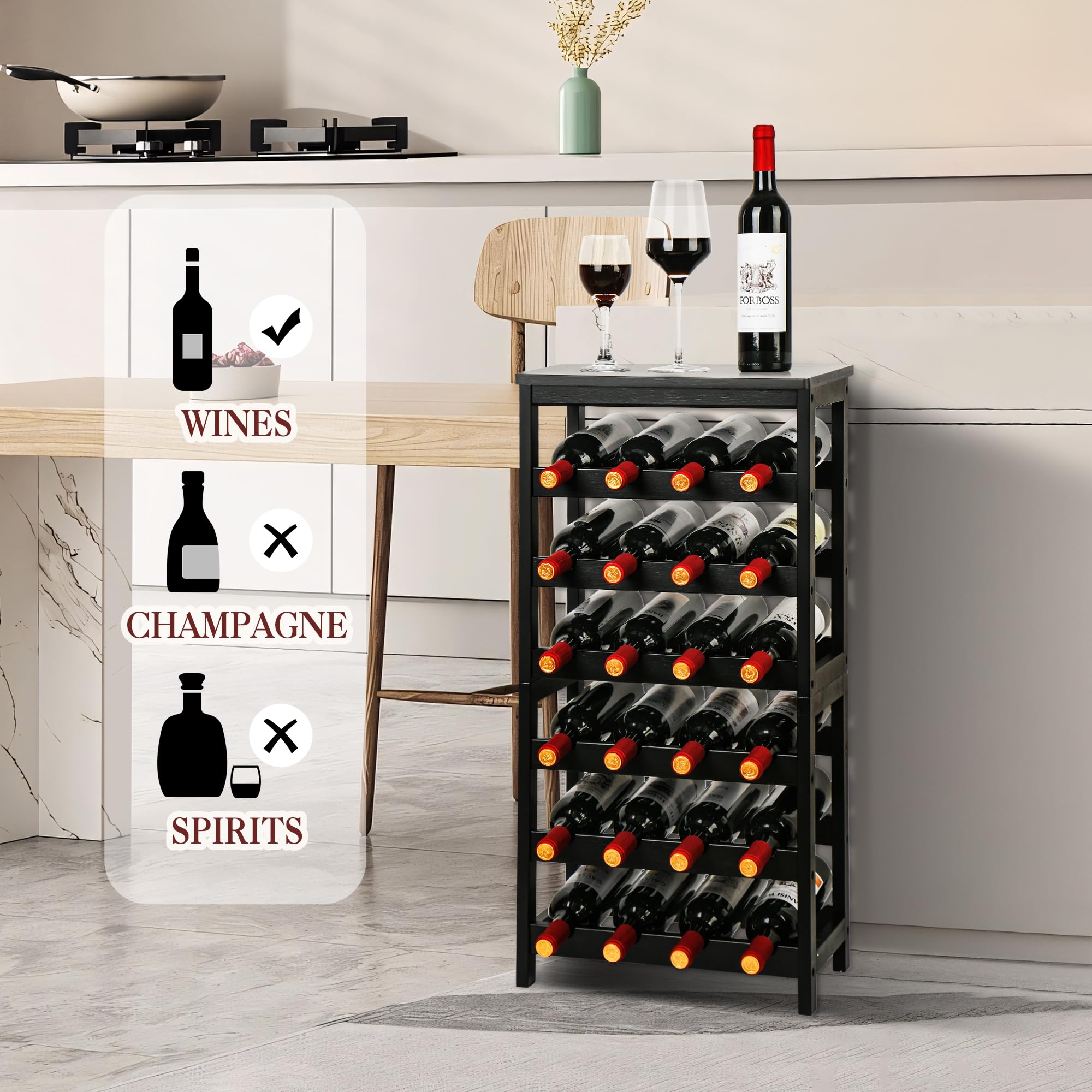 VASMIA 6-tier floor wine rack side view showing compact footprint and space-saving design.