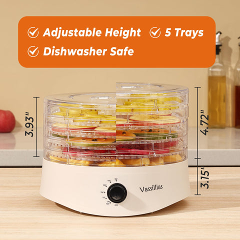 Vassillias small food dehydrator side angle showing slim profile and accessible racks.