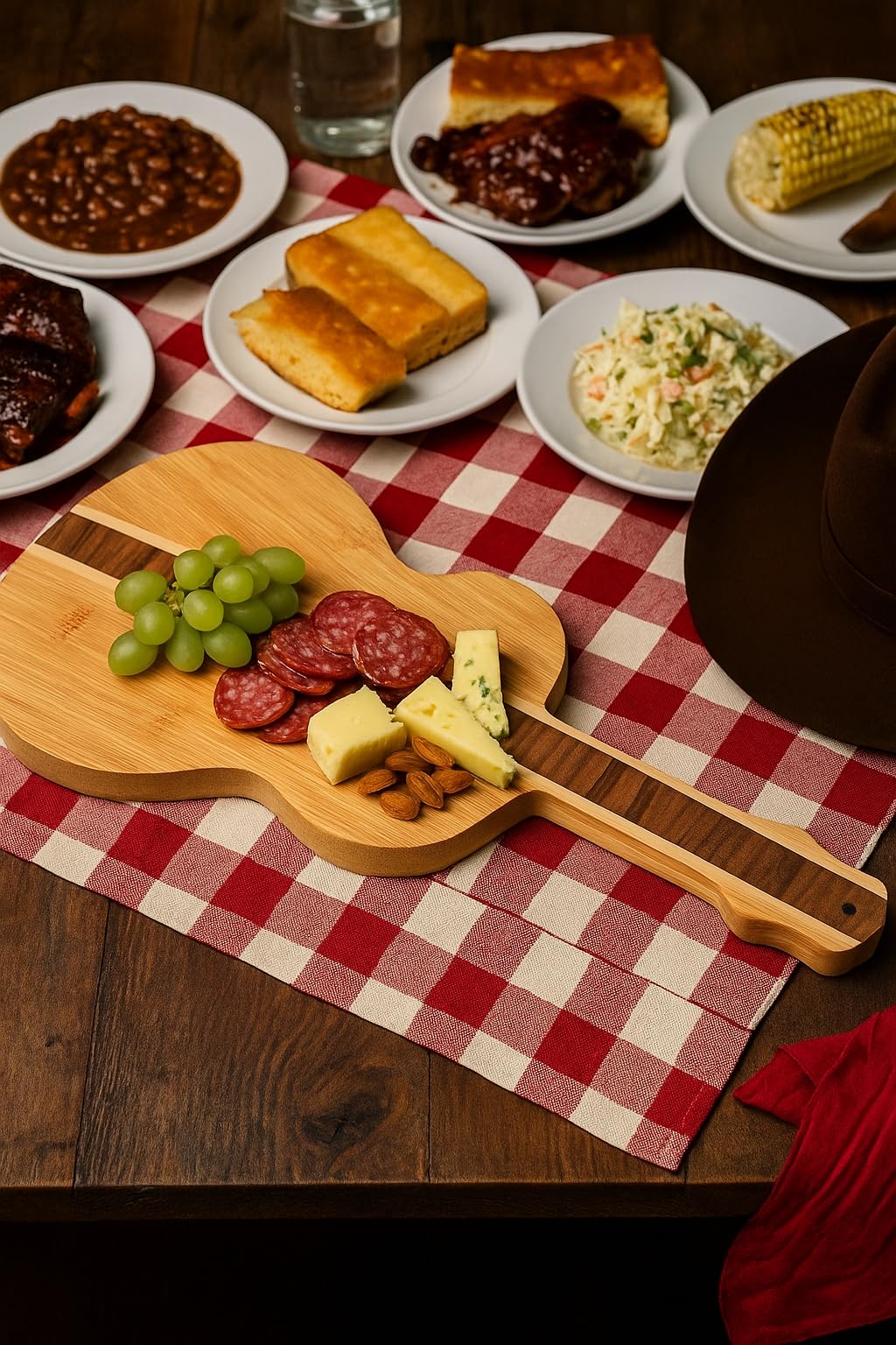 Vastigo guitar board setting is ideal for entertaining fruit and cheese spreads.