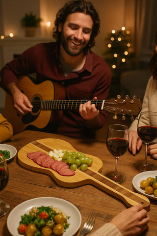 Vastigo guitar-shaped board on a table setting adds ambiance and conversation.