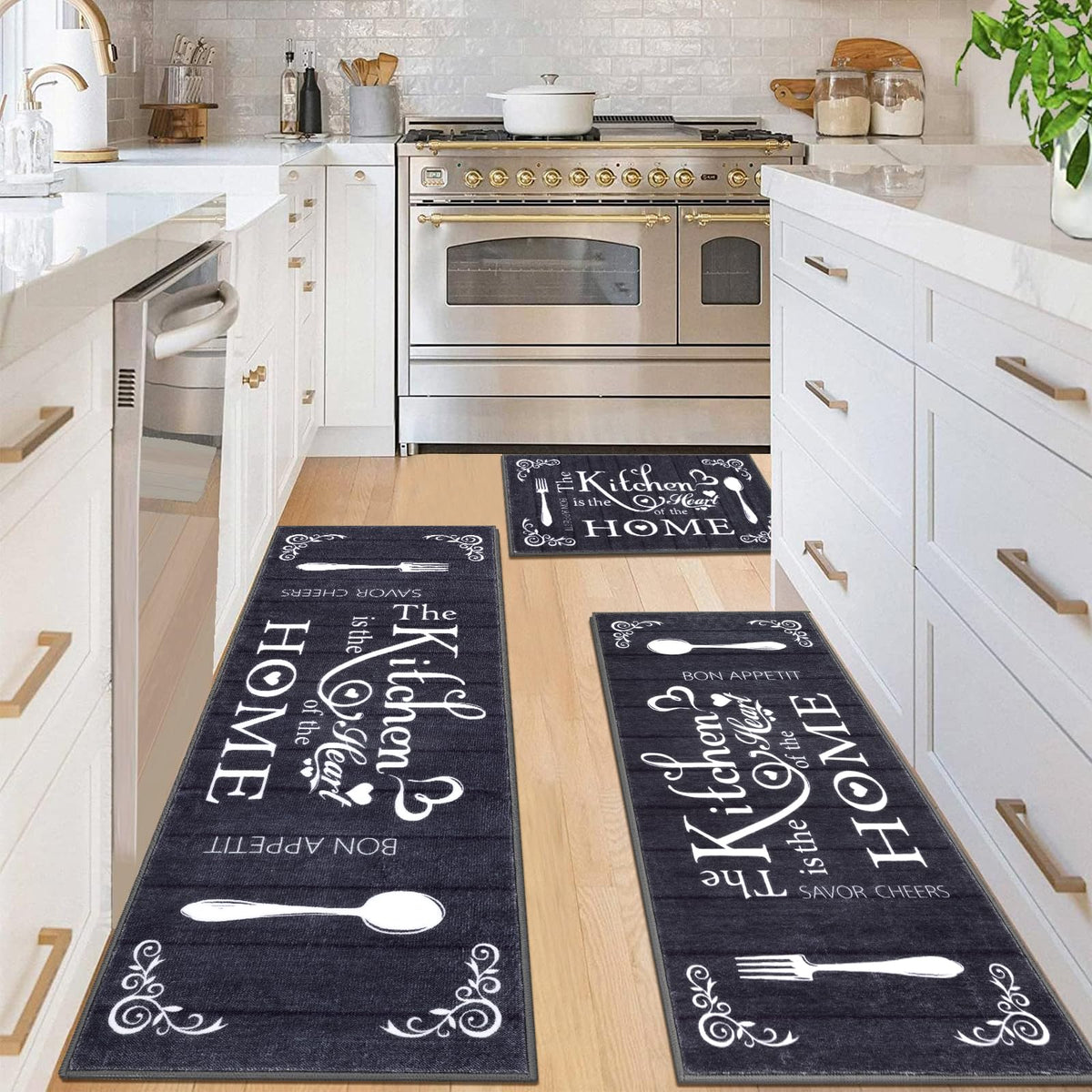 Vaukki Boho Kitchen Rug Set front view with three black mats, soft fabric feel