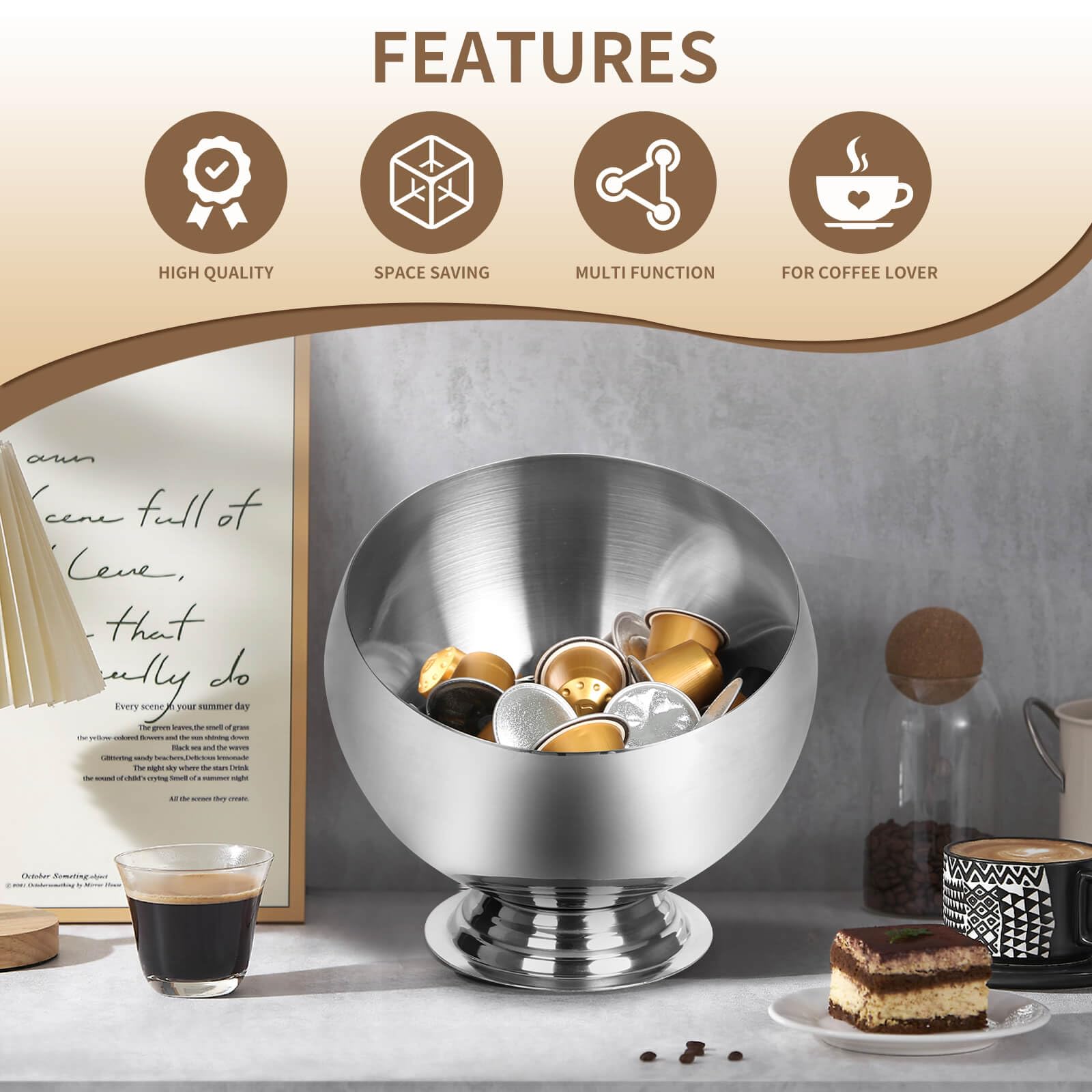 VAWNKUKN gold finish pod display highlights pod varieties at a glance.
