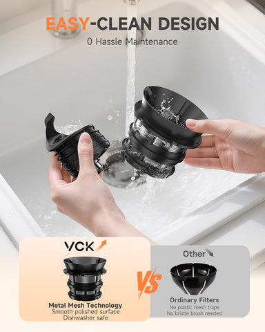 VCK dual-strainer anti-clog system ensuring high juice yield