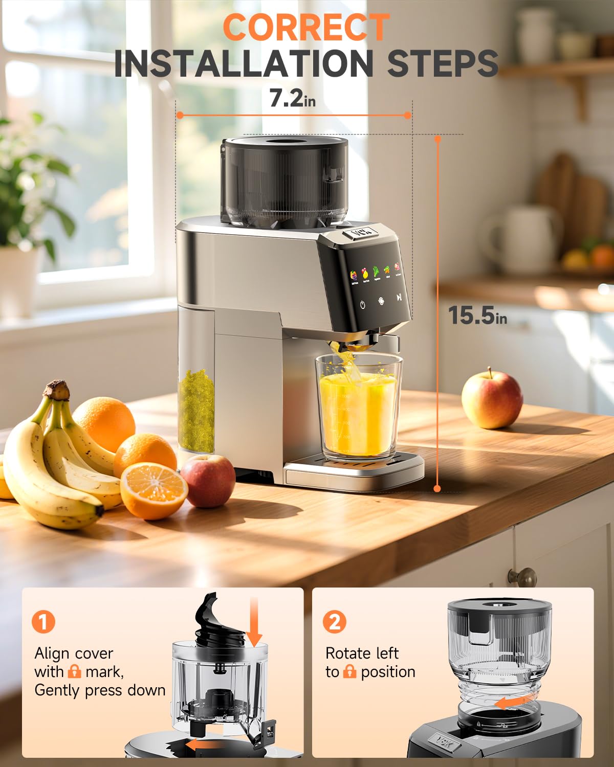 VCK cold press juicer extracting juice from leafy greens and roots