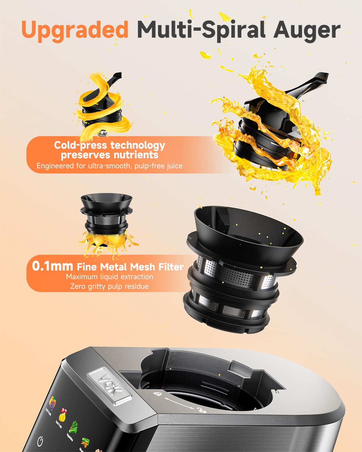 VCK cold press juicer motor showcases quiet operation for a calmer kitchen
