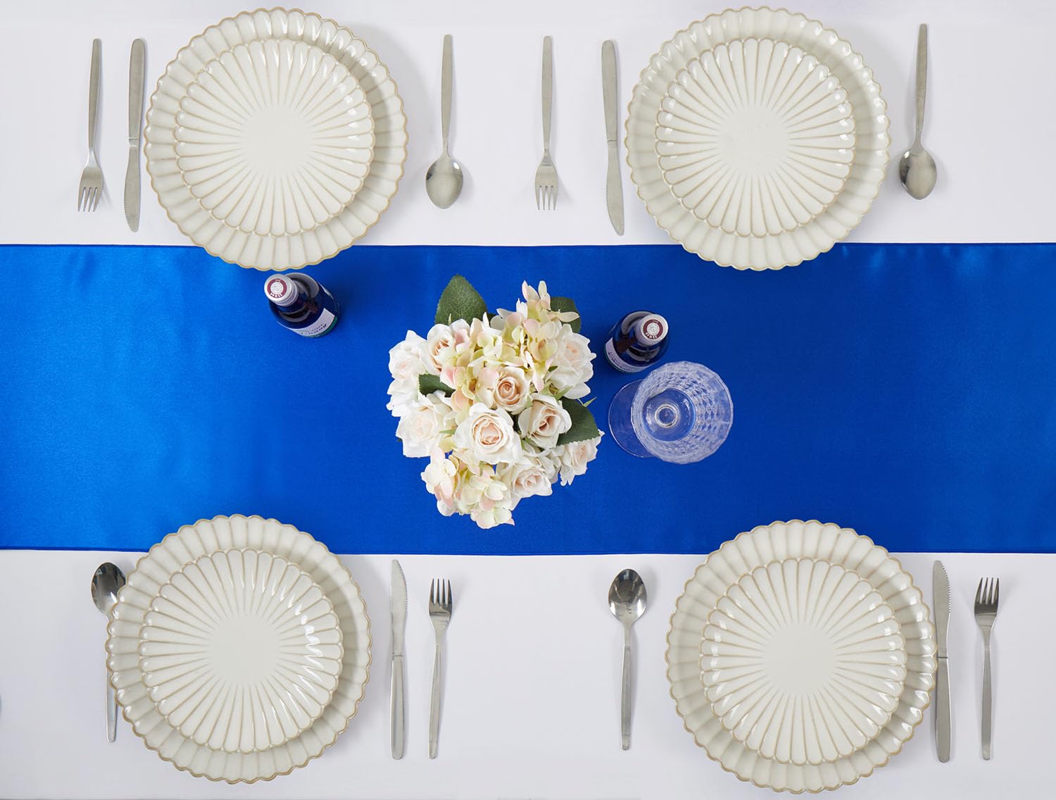 VCUSUELER royal blue satin table runner on long reception table with centerpiece visibility