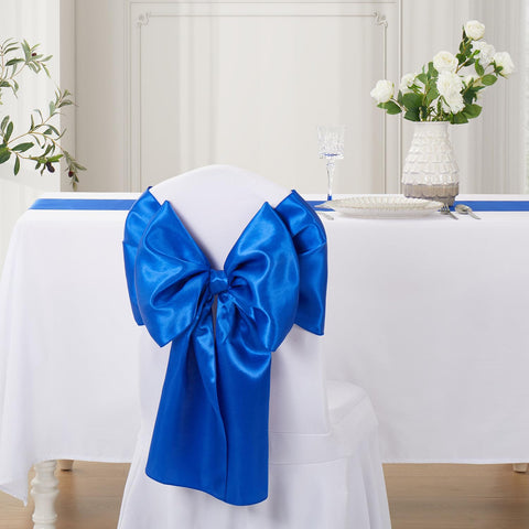 VCUSUELER royal blue satin table runner draped over chairs for cohesive wedding decor