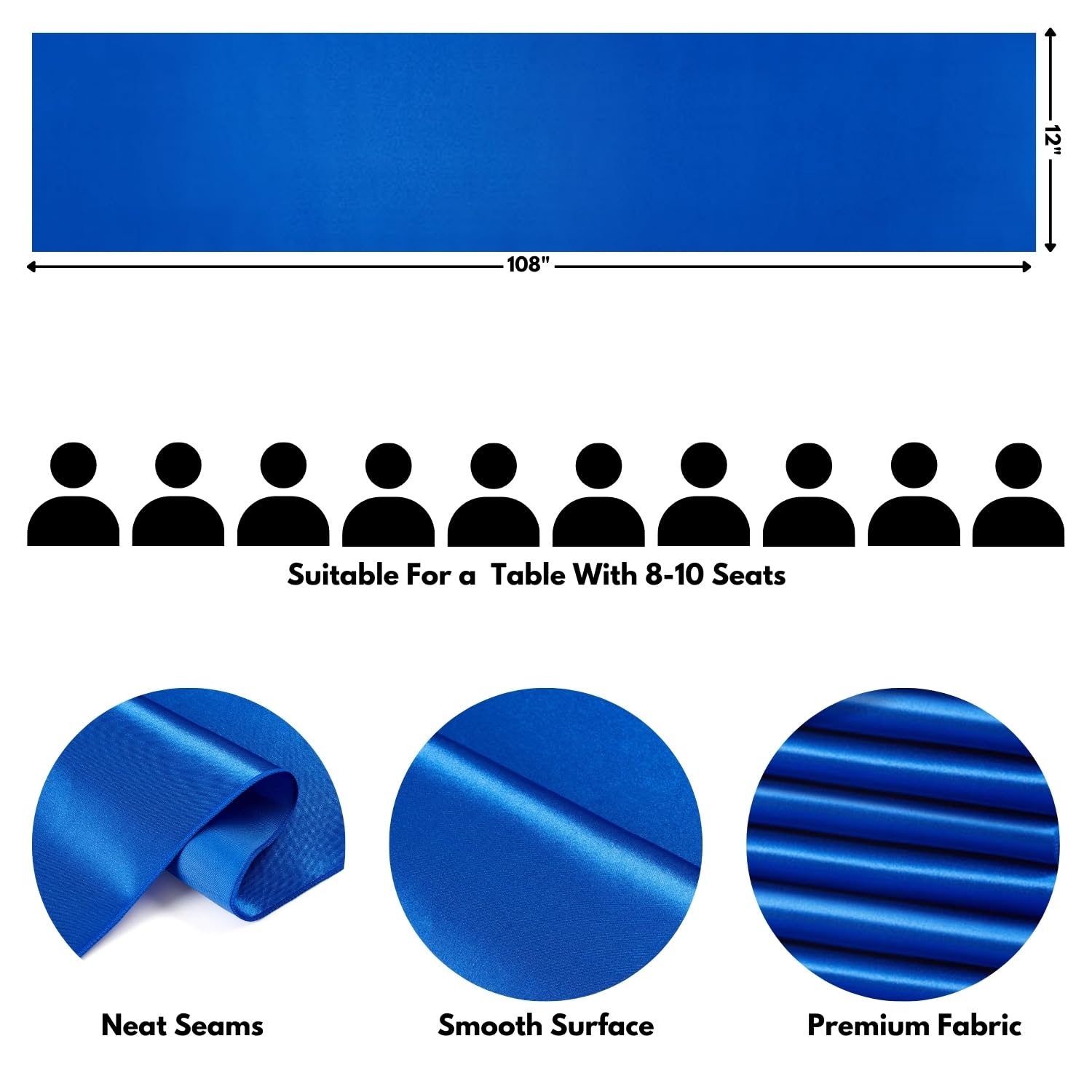 VCUSUELER royal blue satin table runner laid flat on a banquet table for elegant ambiance