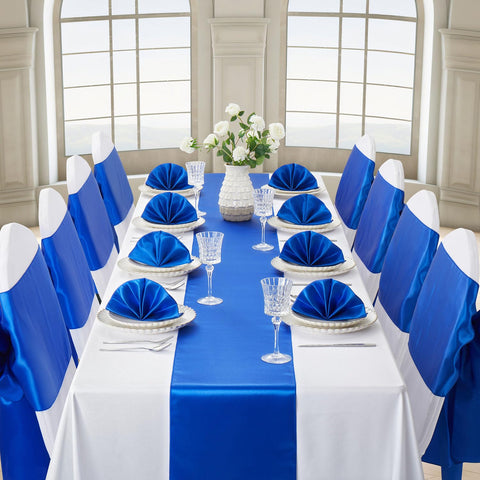 VCUSUELER royal blue satin table runner close-up shows premium sheen and smooth fabric