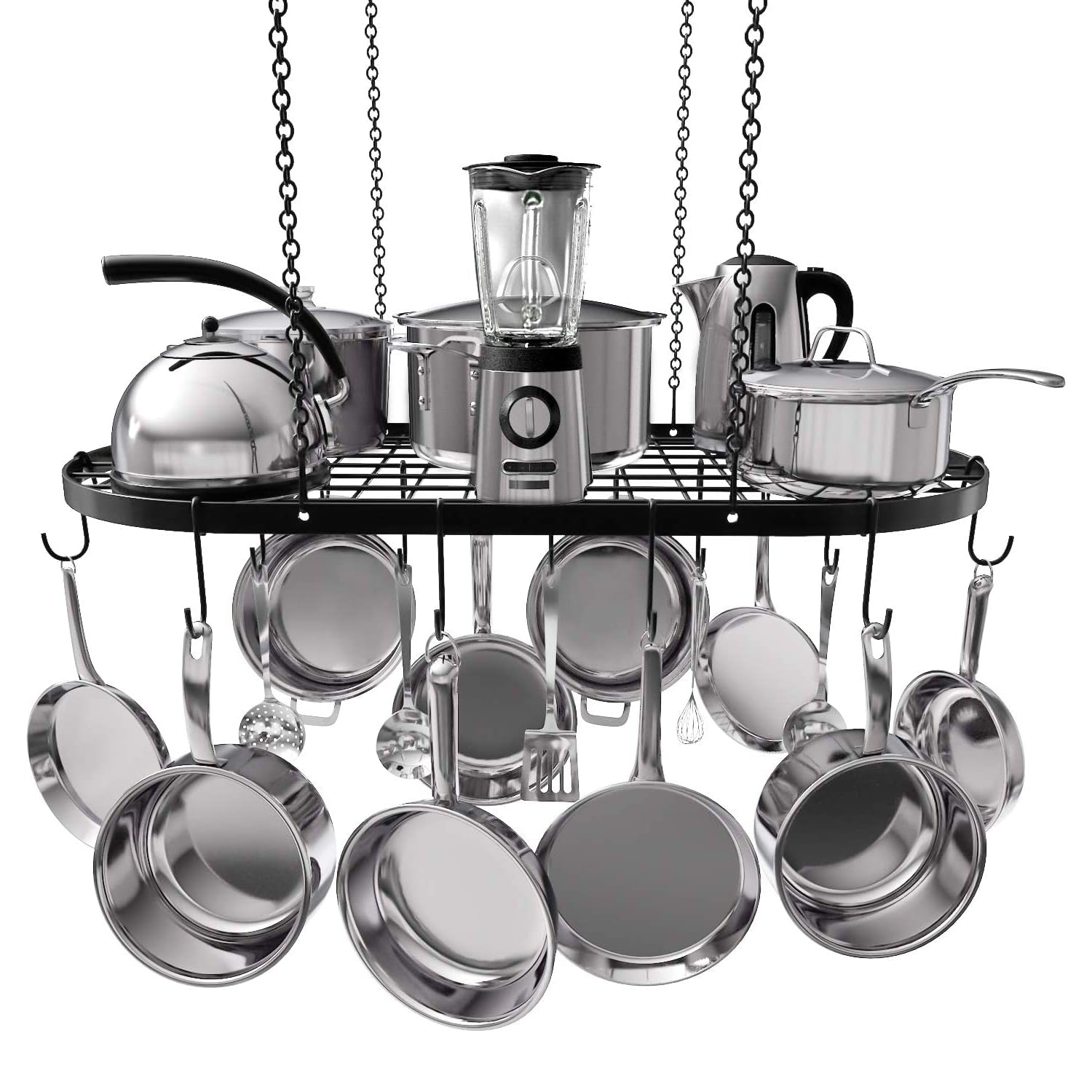 Vdomus heavy-duty hanging pot rack overhead view with 15 hooks for organized cookware