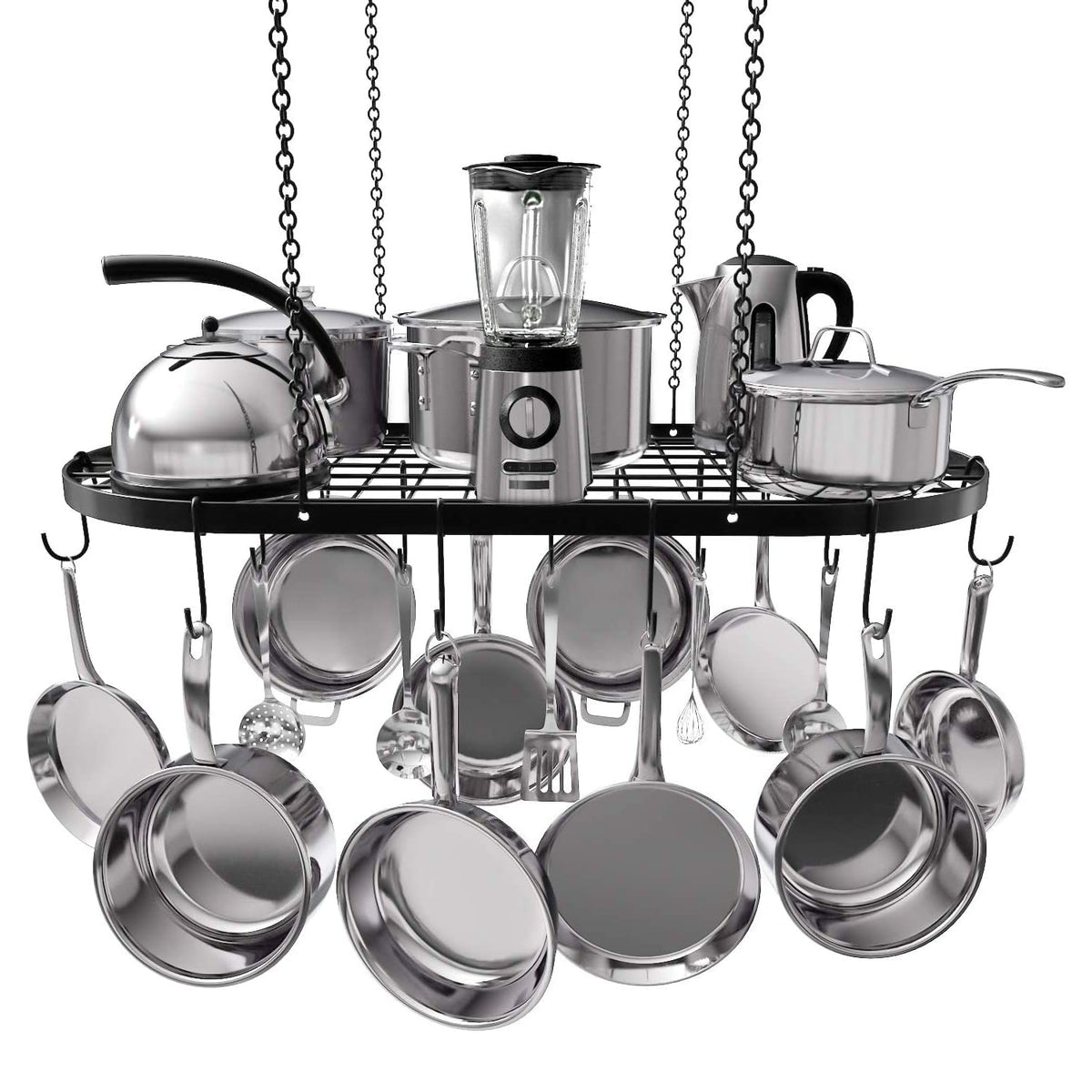 Vdomus heavy-duty hanging pot rack overhead view with 15 hooks for organized cookware