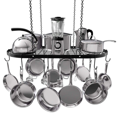 Vdomus heavy-duty hanging pot rack overhead view with 15 hooks for organized cookware
