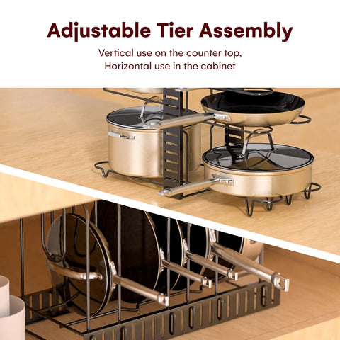 Vdomus black metal rack keeps pots organized and within easy reach.