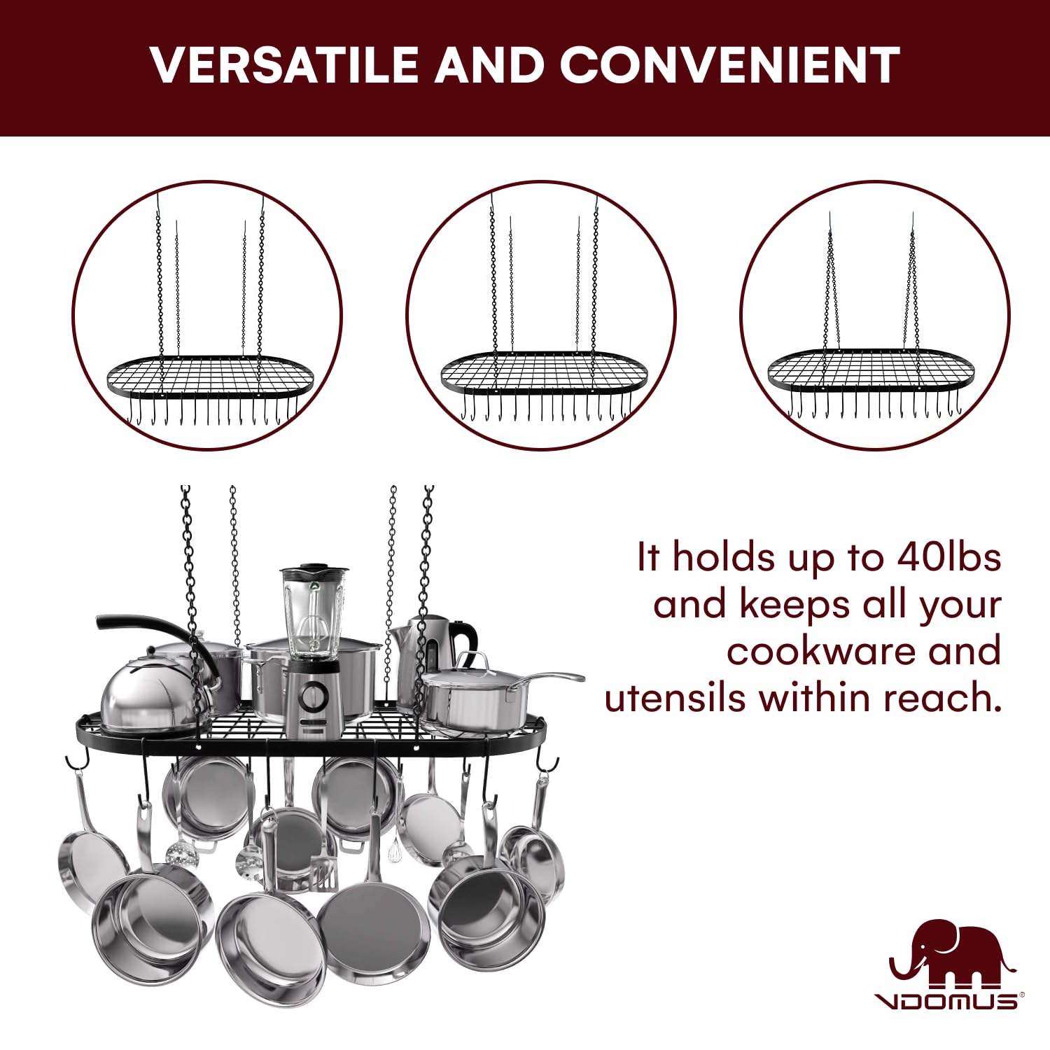 Vdomus pot rack ceiling mount close-up highlighting rust-resistant iron construction