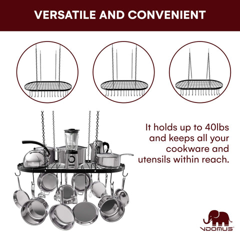 Vdomus pot rack ceiling mount close-up highlighting rust-resistant iron construction