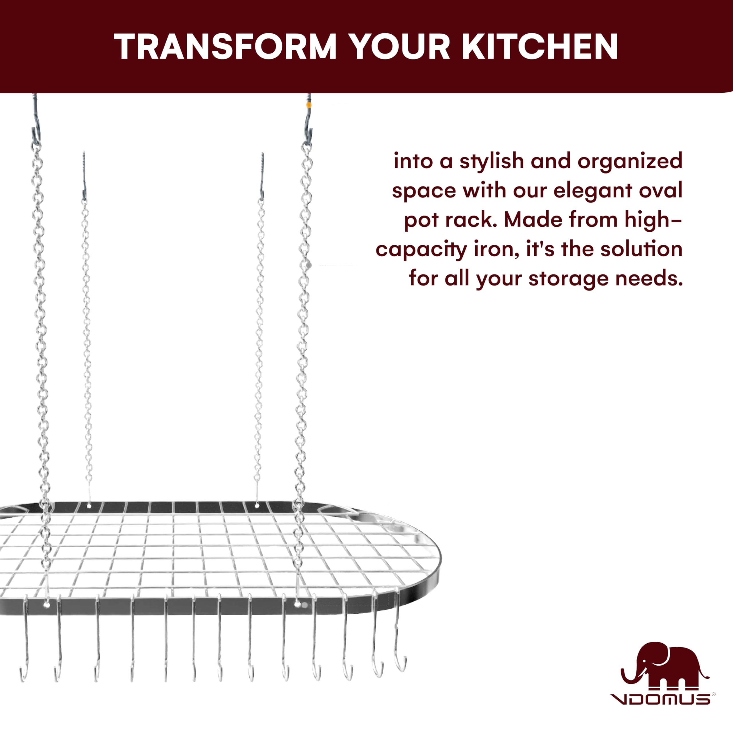 Rack loaded with pots and pans illustrates space-saving organization