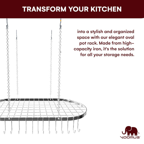 Rack loaded with pots and pans illustrates space-saving organization