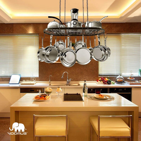 Vdomus pots and pans neatly hung on rack freeing counter space