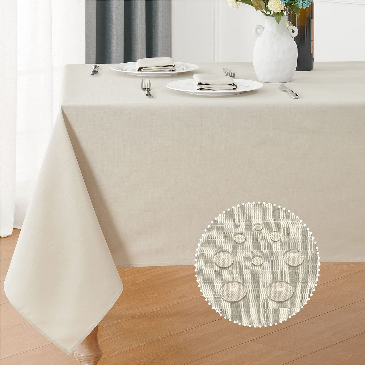 Veblandy rectangle tablecloth close-up showing faux linen texture and spill resistance