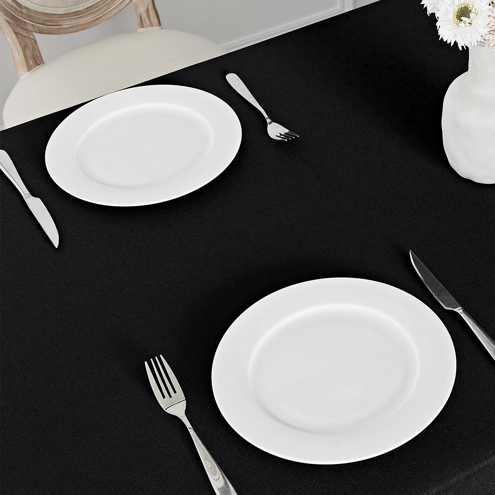 Veblandy linen-textured tablecloth adds elegant texture to dining setups.
