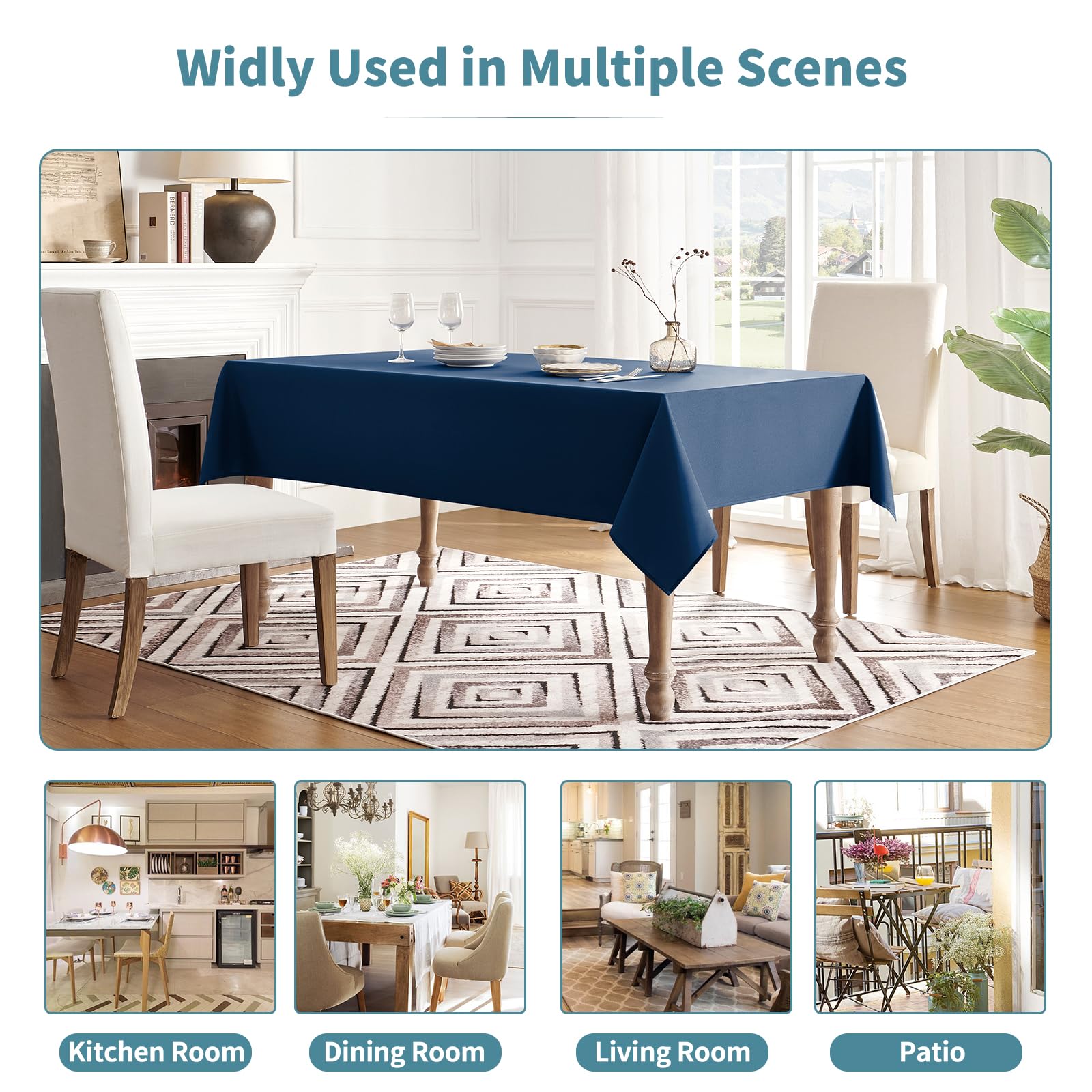 Veblandy 52x70-inch navy tablecloth highlights generous coverage.