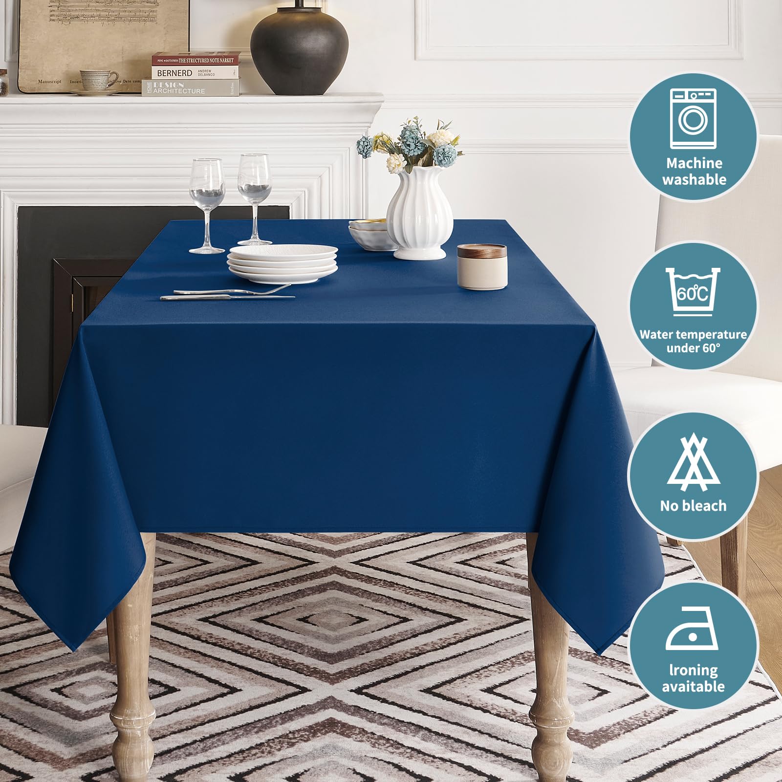 Veblandy tablecloth with reinforced stitched border adds elegance.
