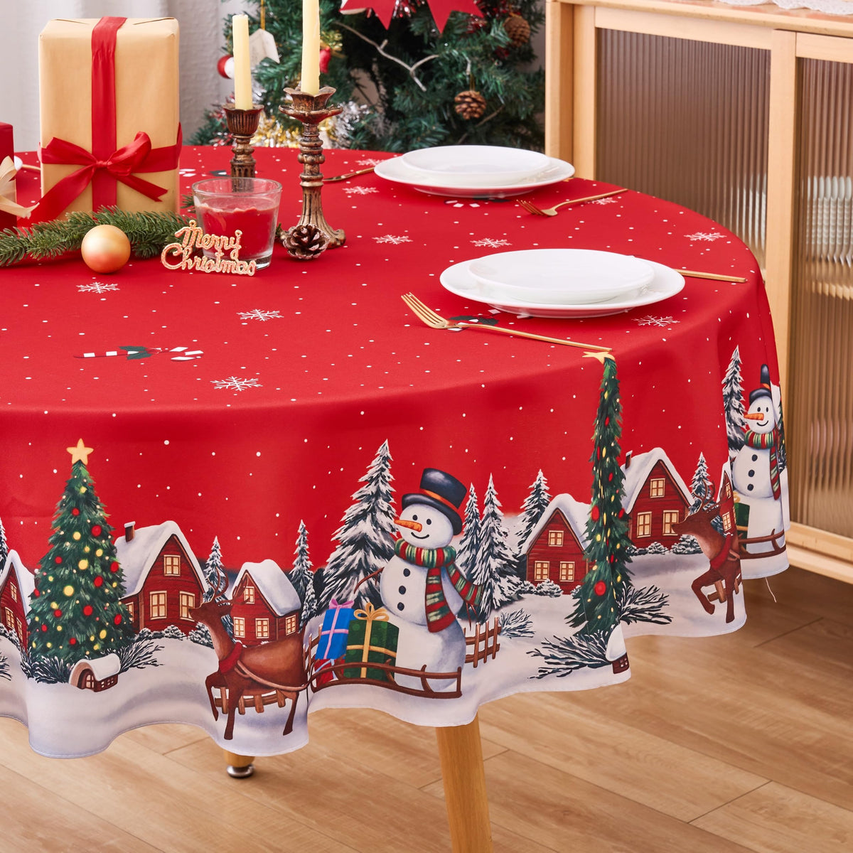 Vedachic Christmas round tablecloth with snowflakes adds festive indoor ambiance.