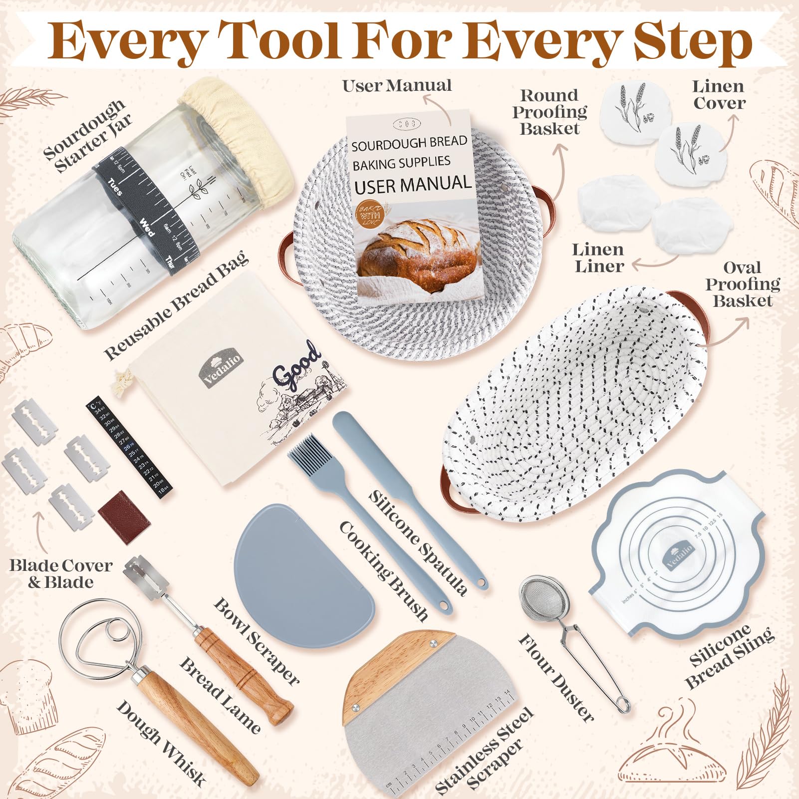 VEDALIO bread bags and sling for safe oven transfer and crust protection.