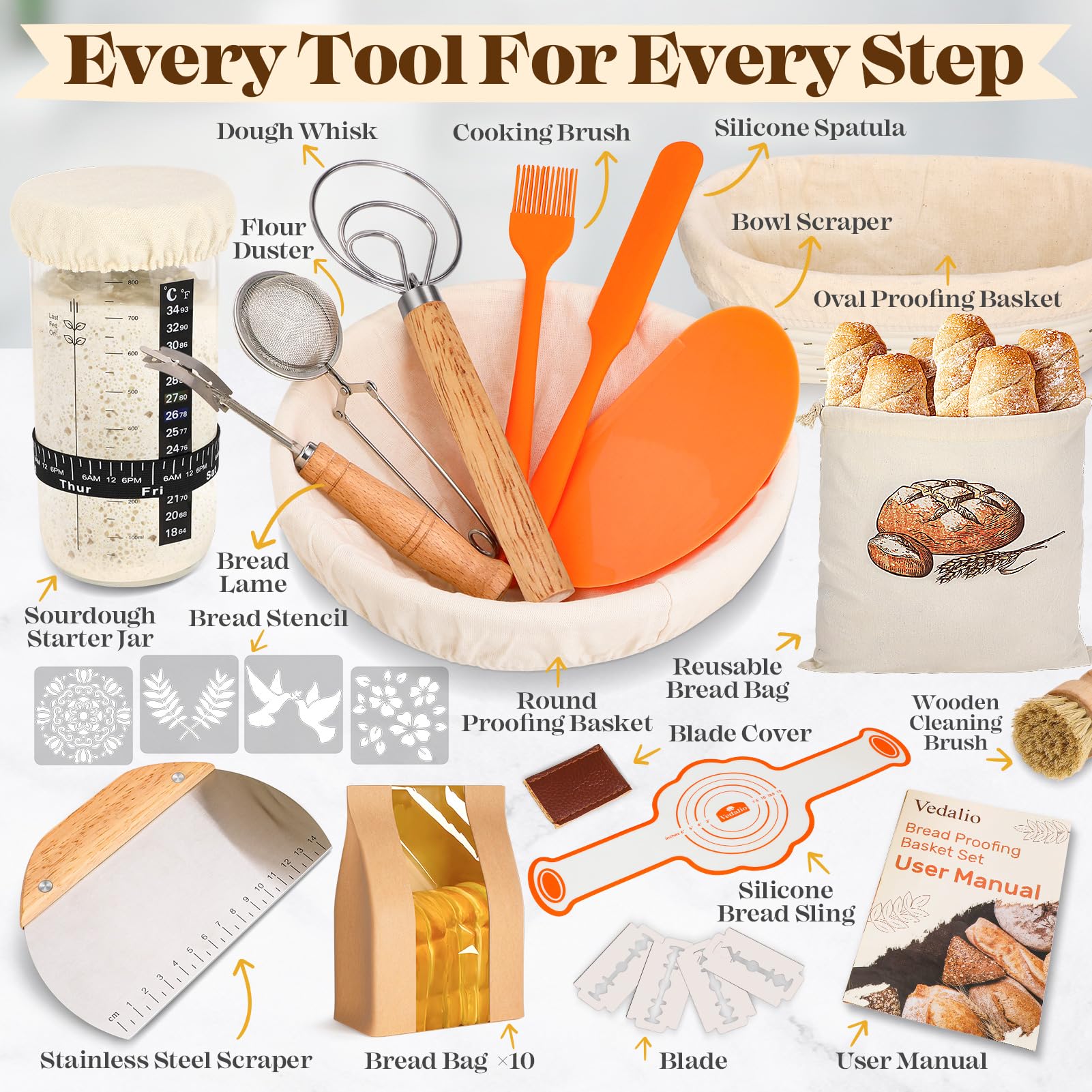 VEDALIO oval proofing basket (10 inch) supports tall loaves with defined patterns.
