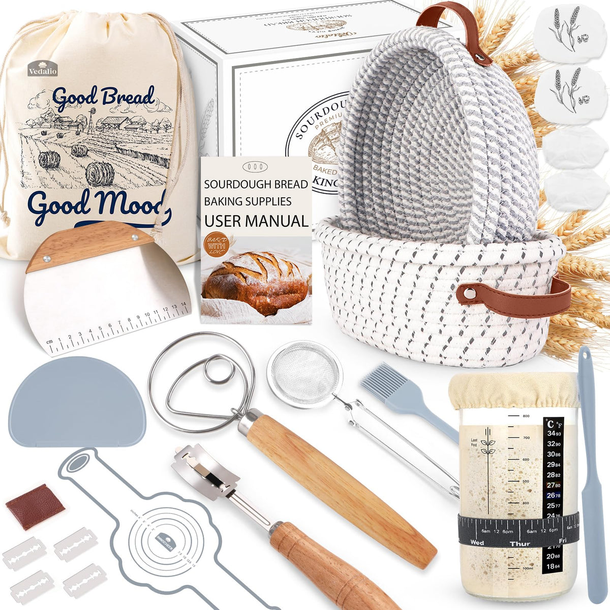VEDALIO sourdough kit round basket 9inch for perfect loaf shaping and proofing.
