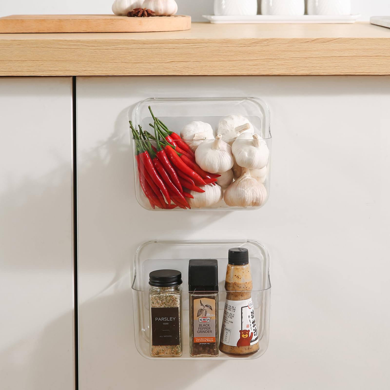 Veefos adhesive cabinet organizer side view highlighting deep shelves for tall items