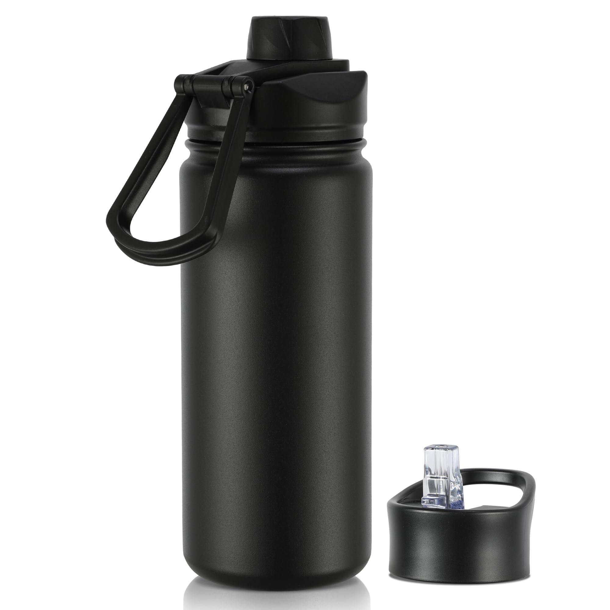 VEGOND 16 oz insulated bottle with straw lid in black keeps drinks cold at school.
